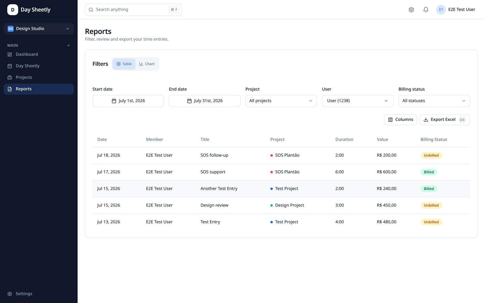 Day Sheetly reports table with filters, billing status badges and Excel export