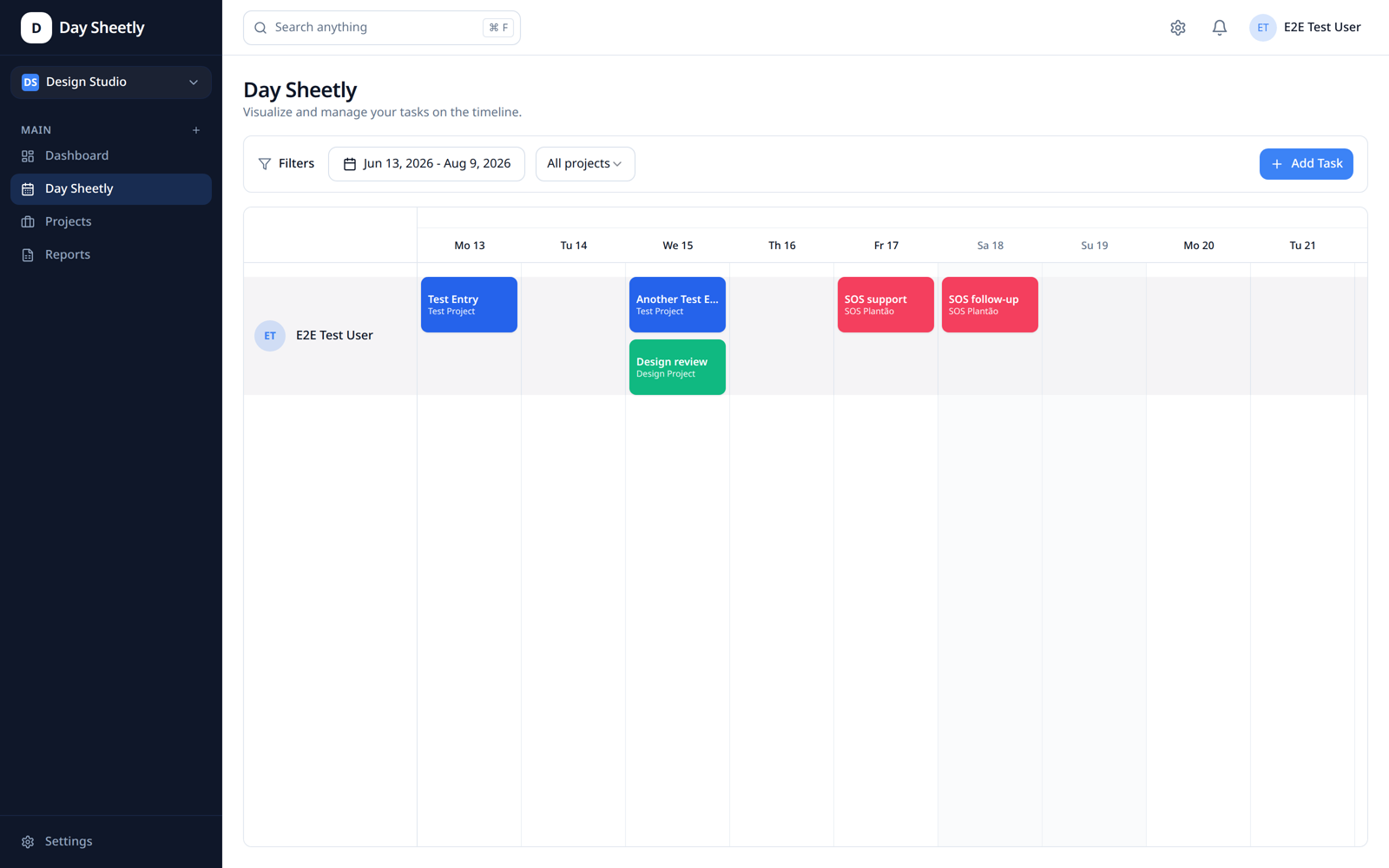 Day Sheetly timeline showing color-coded task blocks per project on a weekly grid